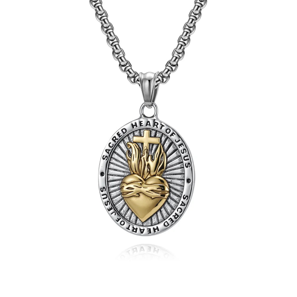 BlessingTree Sacred Heart of Jesus Medal Necklace Vintage Stainless St