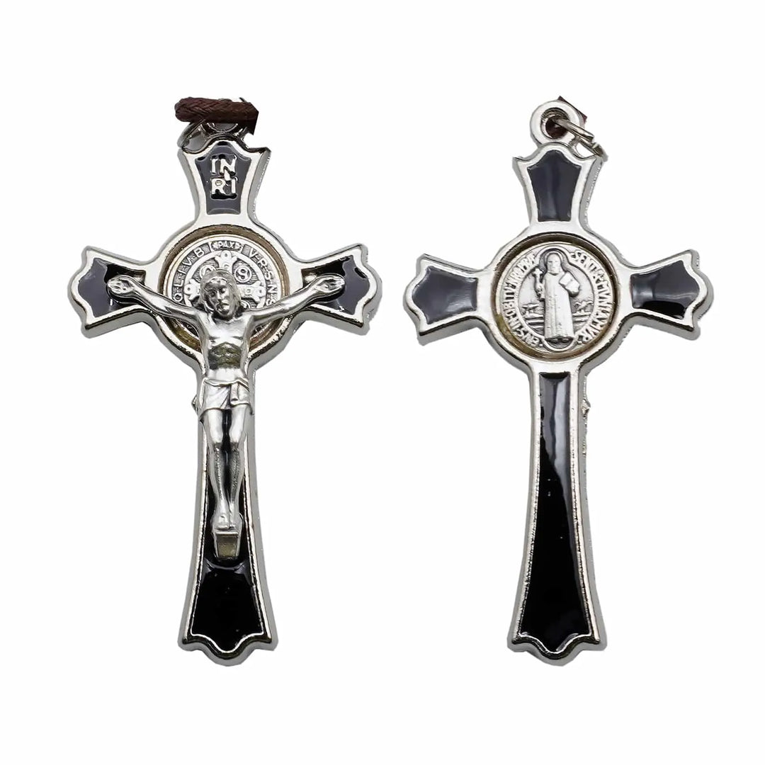 BlessingTree Saint Benedict Crucifix Necklace with Cord Silver Plated Black Enamel