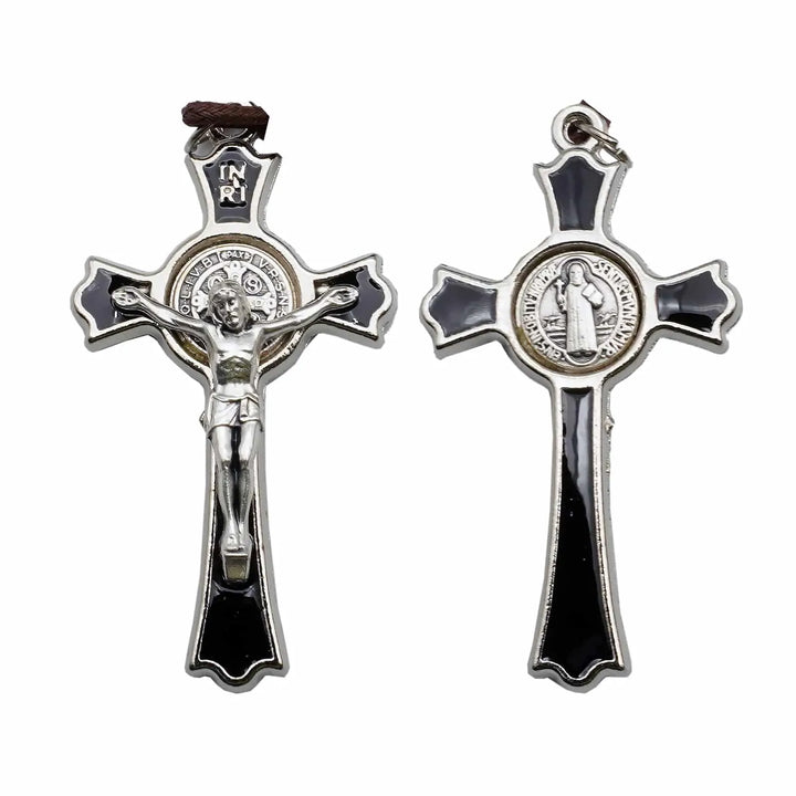 BlessingTree Saint Benedict Crucifix Necklace with Cord Silver Plated Black Enamel