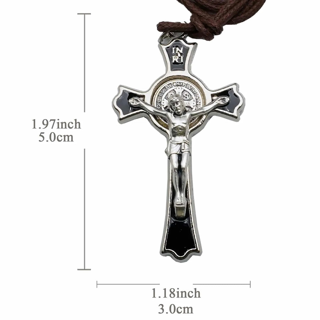 BlessingTree Saint Benedict Crucifix Necklace with Cord Silver Plated Black Enamel