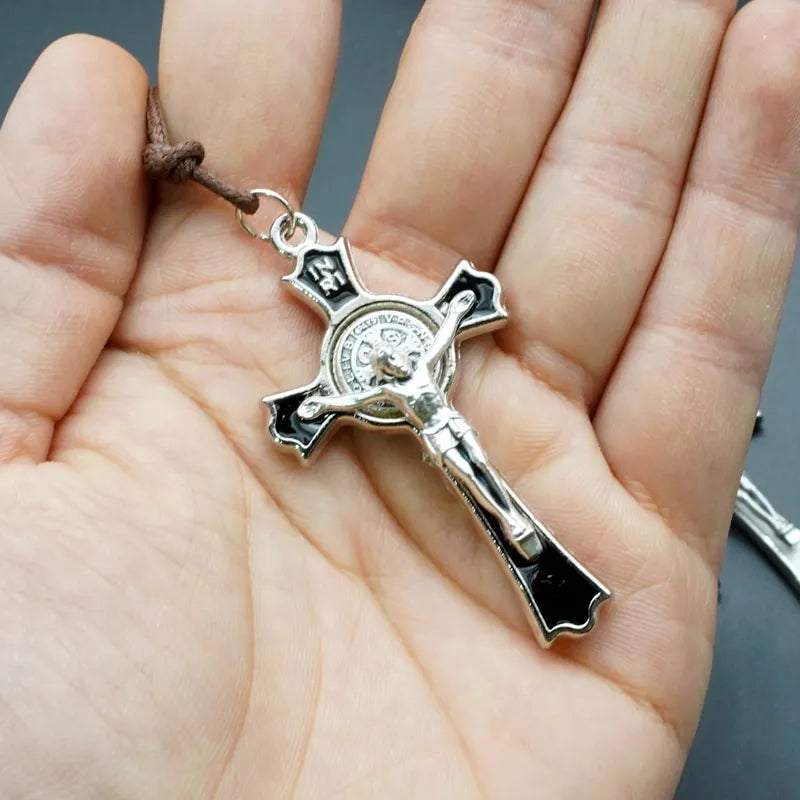 BlessingTree Saint Benedict Crucifix Necklace with Cord Silver Plated Black Enamel