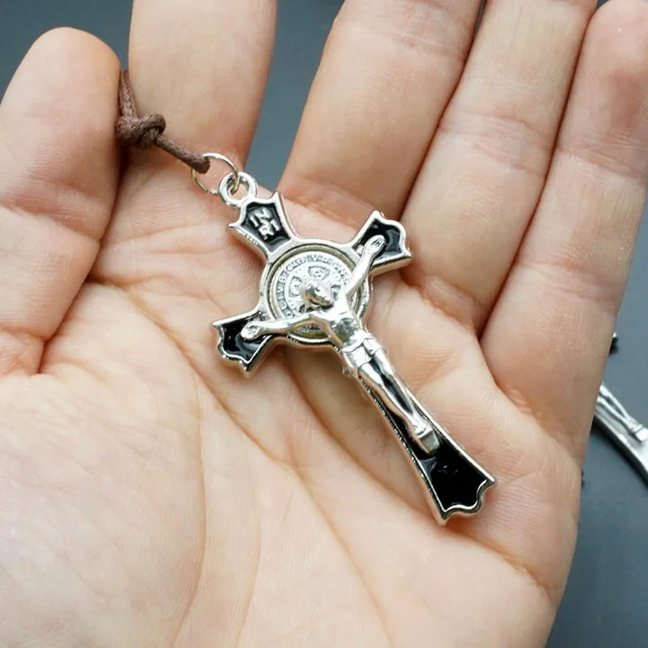 BlessingTree Saint Benedict Crucifix Necklace with Cord Silver Plated Black Enamel