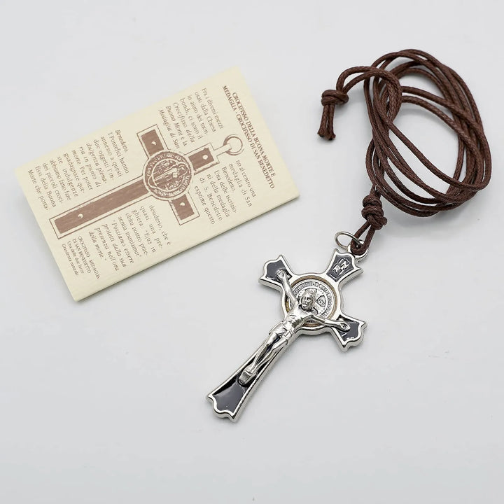 BlessingTree Saint Benedict Crucifix Necklace with Cord Silver Plated Black Enamel