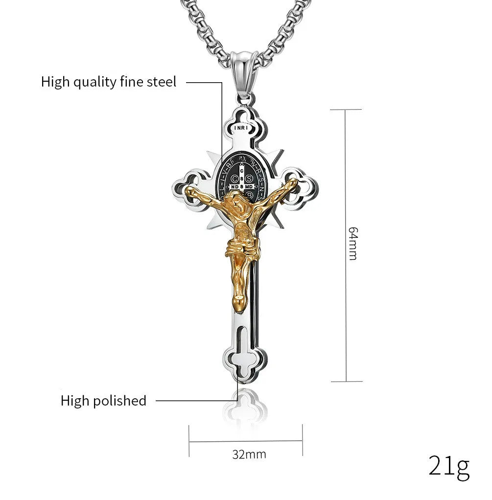 BlessingTree Saint Benedict Cross Pendant Necklace in Polished Titanium Steel with 2.5mm Chain