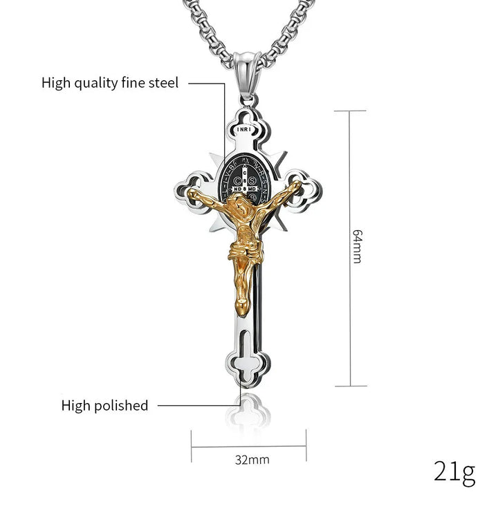 BlessingTree Saint Benedict Cross Pendant Necklace in Polished Titanium Steel with 2.5mm Chain