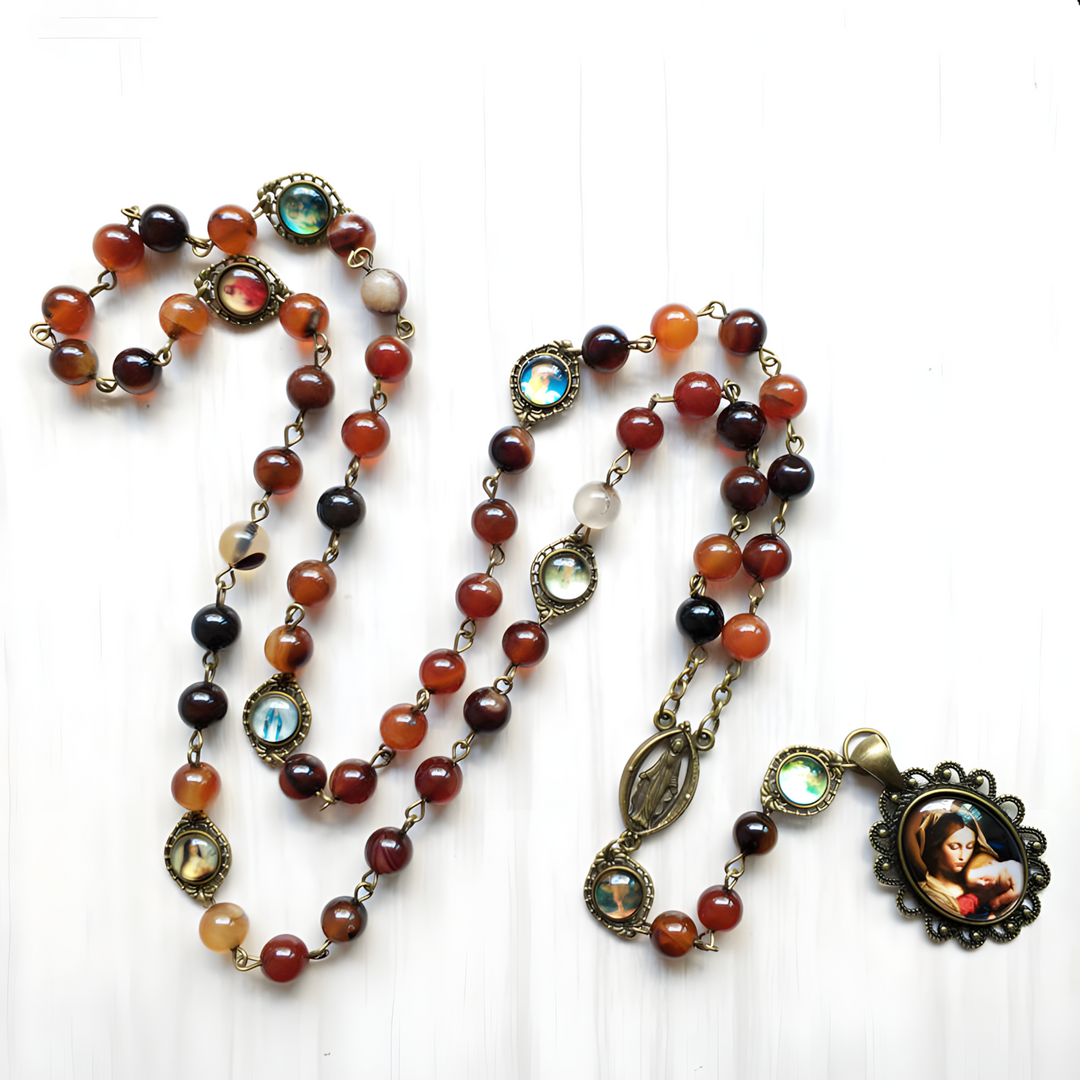 BlessingTree Traditional Five-Decade Rosary Necklace with Red Agate Beads & Virgin Mary Pendant