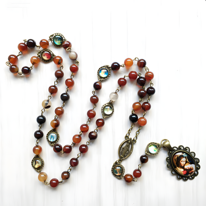 BlessingTree Traditional Five-Decade Rosary Necklace with Red Agate Beads & Virgin Mary Pendant
