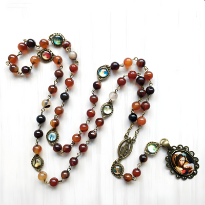 BlessingTree Traditional Five-Decade Rosary Necklace with Red Agate Beads & Virgin Mary Pendant