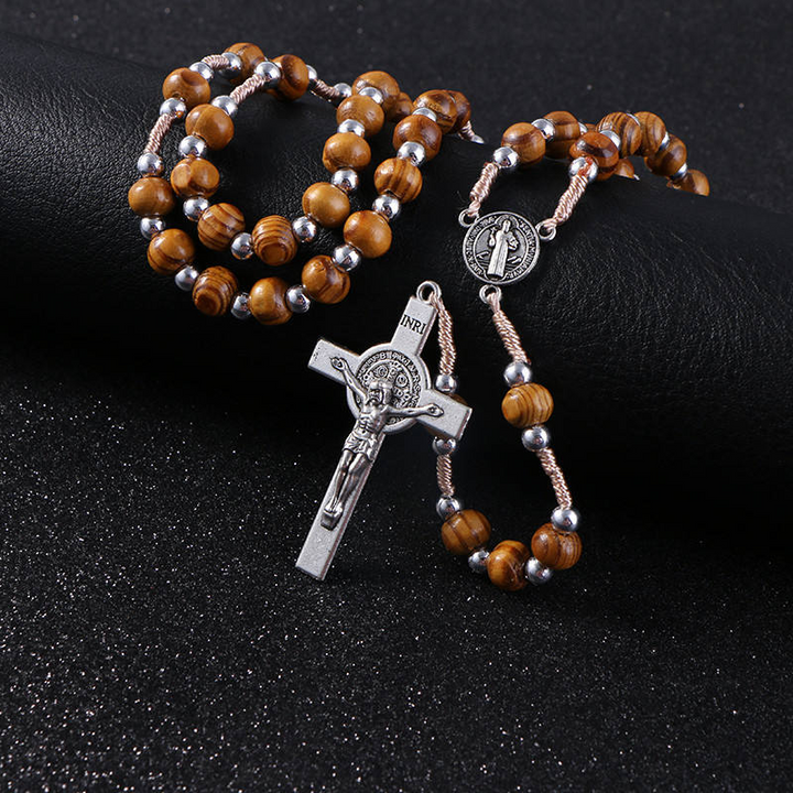 BlessingTree Natural Wood Bead Rosary with St. Benedict Crucifix