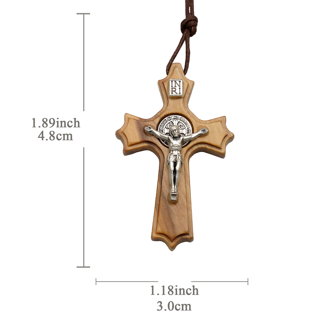BlessingTree Olive Wood St. Benedict Crucifix Pendant with INRI