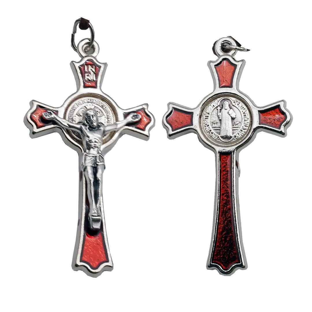 BlessingTree Saint Benedict Crucifix Pendant Silver Plated Alloy with Red Enamel and INRI