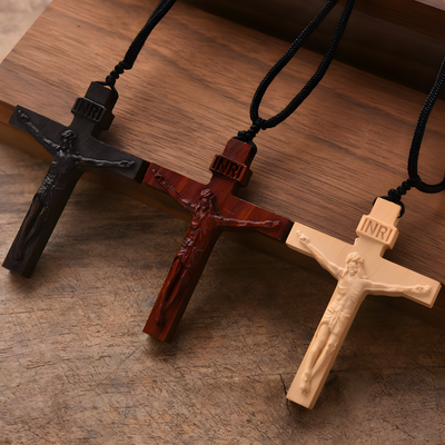 BlessingTree Natural Wood Crucifix Necklace, Hand-Carved Jesus Pendant with Adjustable Cord