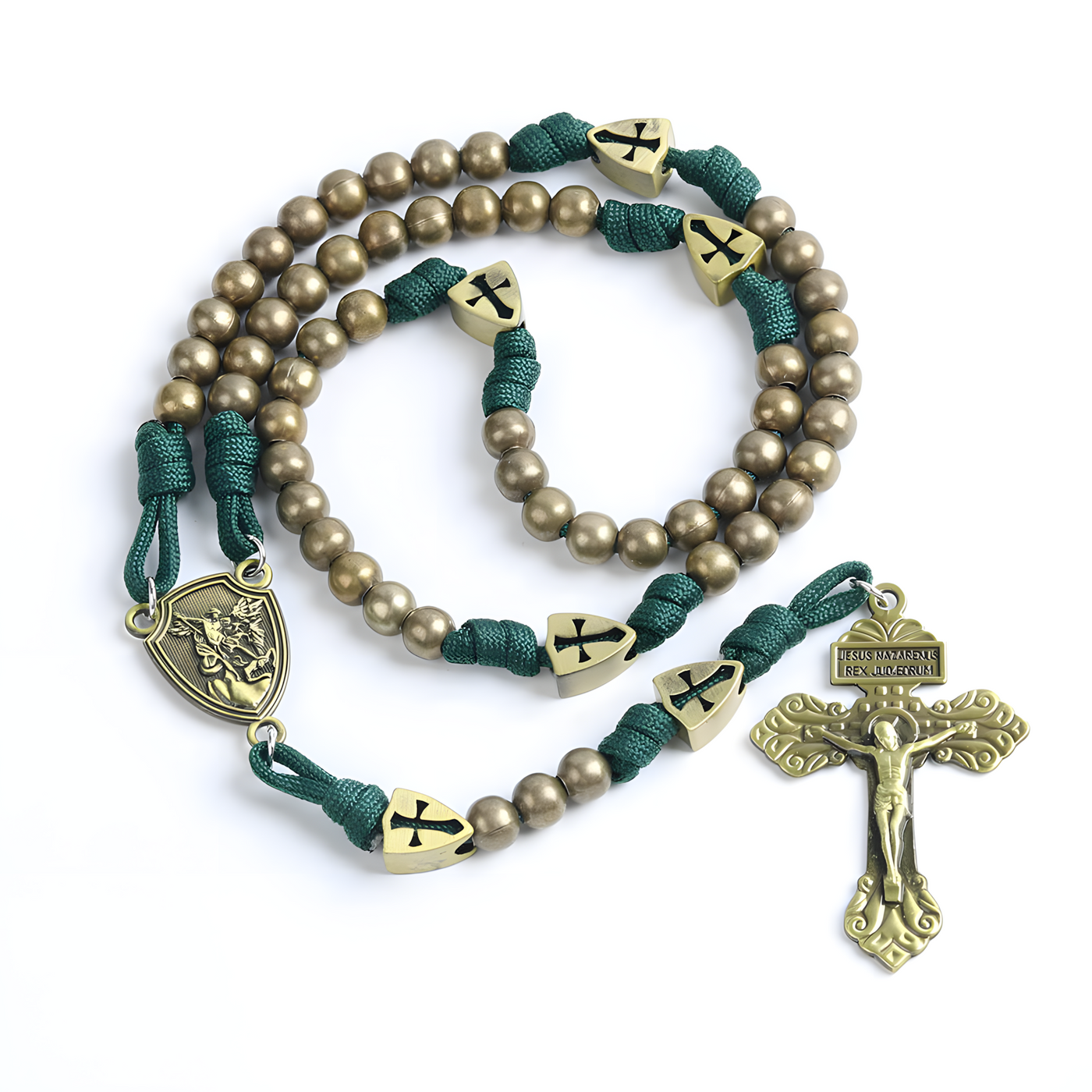BlessingTree Saint Michael Paracord Rosary Necklace – Antique Bronze / Matte Black Metal Beads