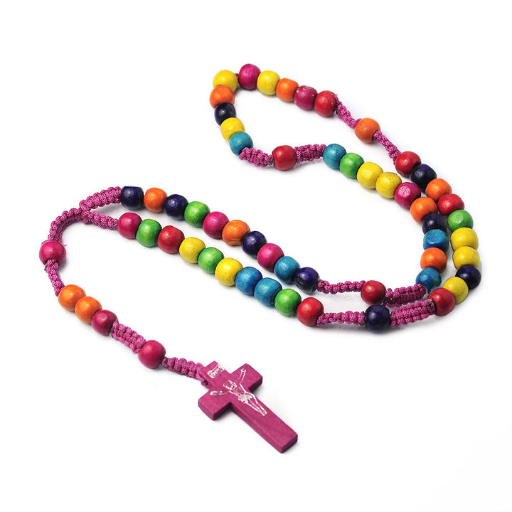 BlessingTree Kids Colorful Wooden Rosary Hand Woven Cord 8mm Beads with Cross Pendant