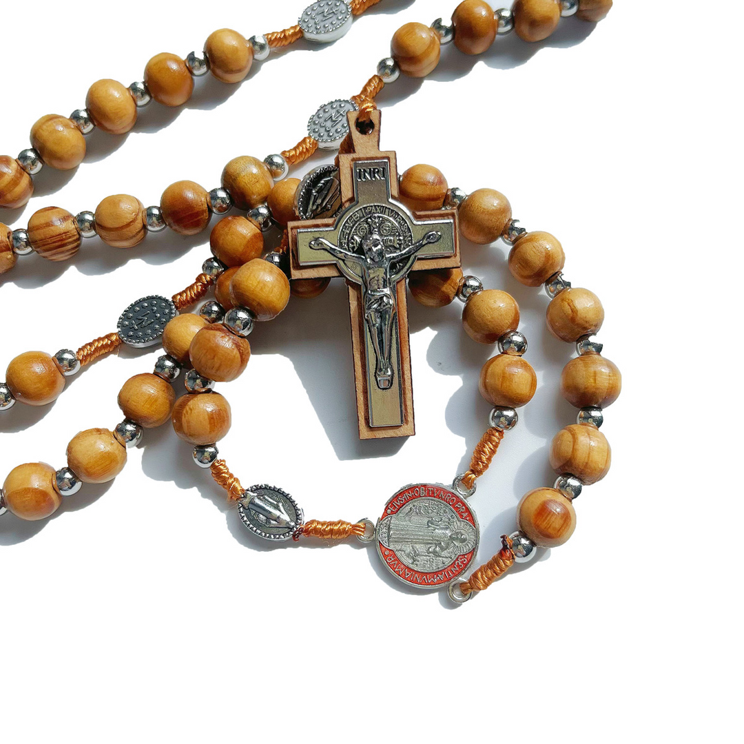 BlessingTree Vintage Natural Wood Bead Rosary Necklace