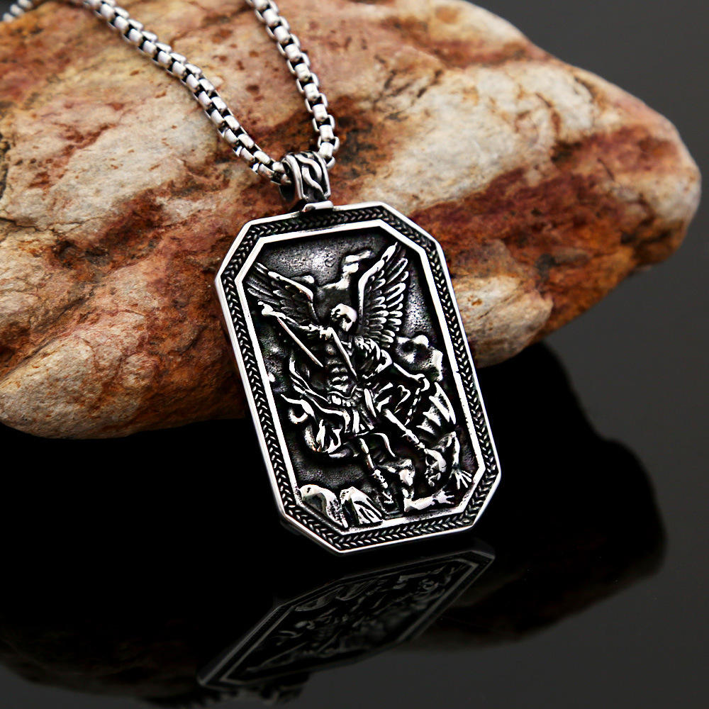 BlessingTree St. Michael Archangel Stainless Steel Pendant Necklace for Protection and Strength