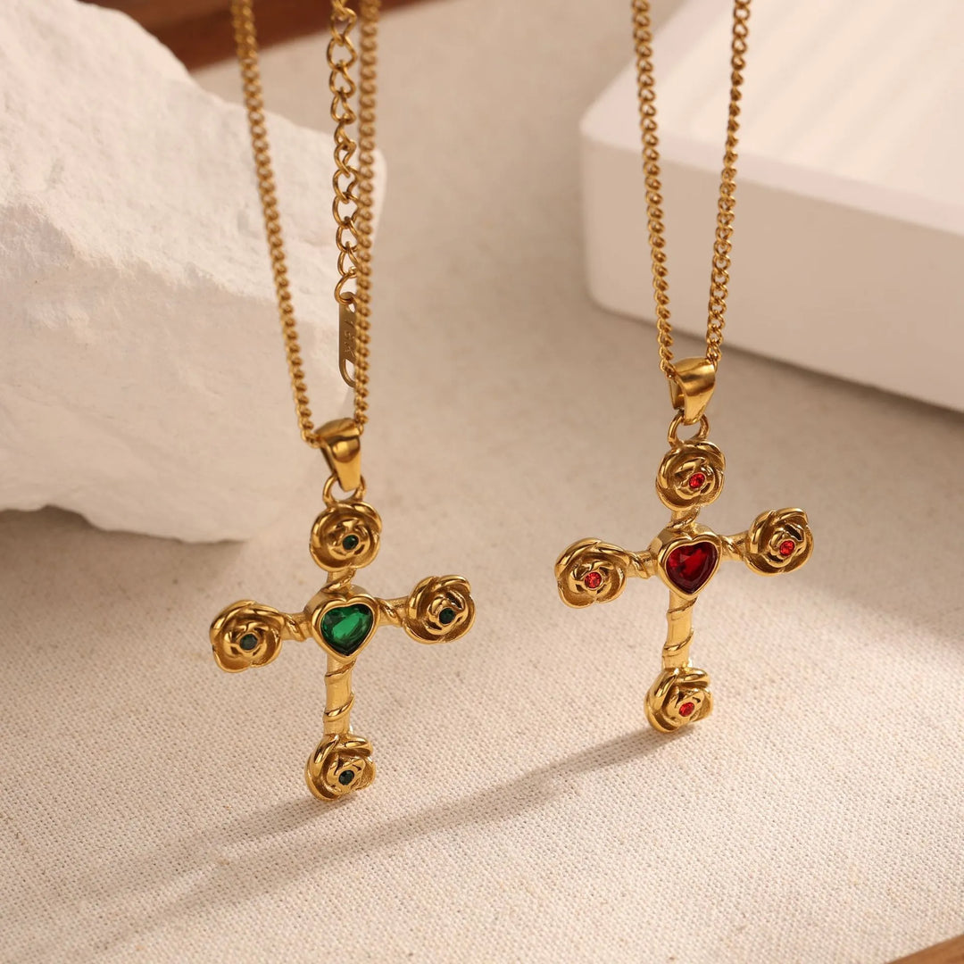 BlessingTree Gold Cross Necklace with Green or Red Heart Stone Christian Stainless Steel Pendant