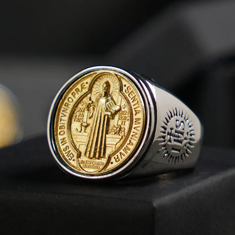 BlessingTree St. Benedict Medal Titanium Steel Ring with PAX Inscription