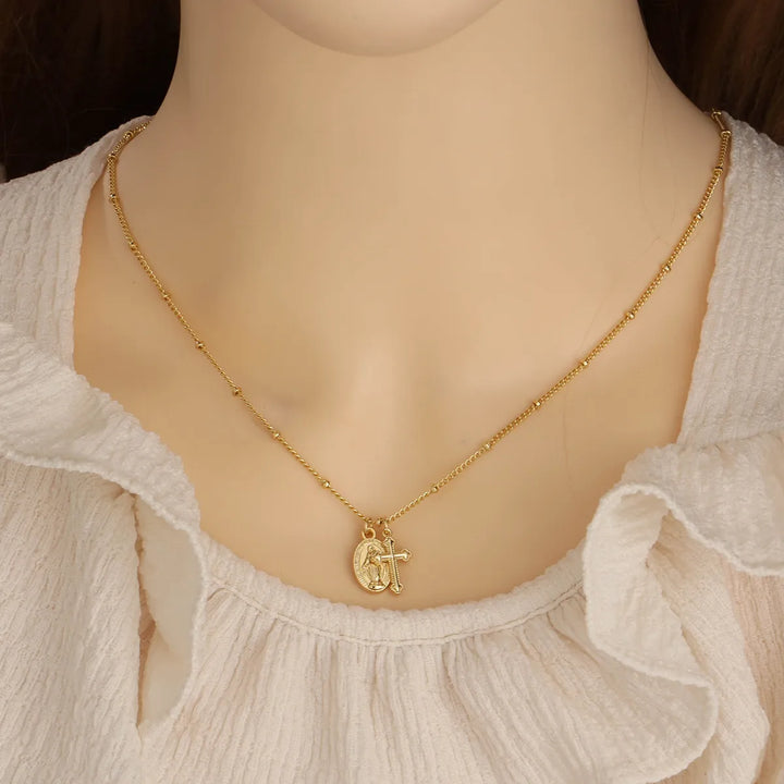Dainty Virgin Mary Cross Necklace Catholic Miraculous Medal Necklace for Women Baptism Gift