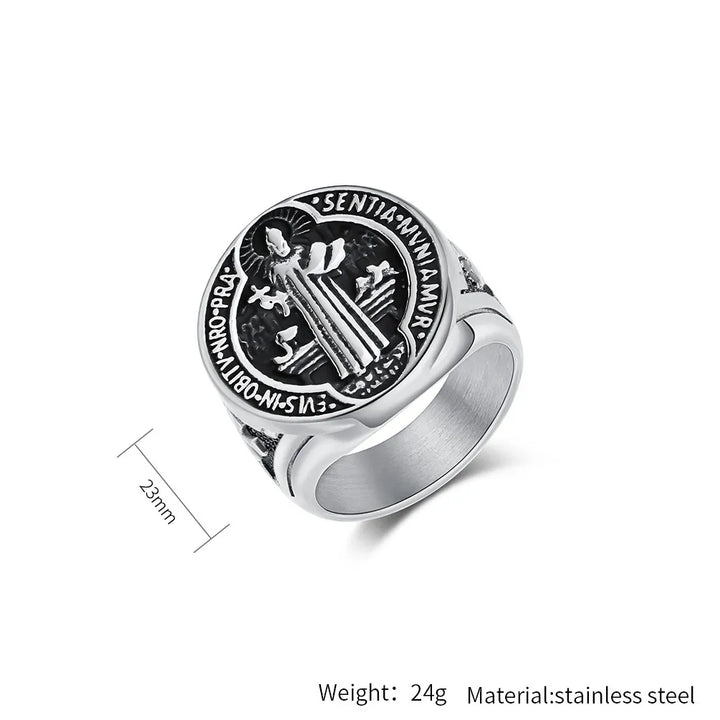 BlessingTree Vintage St. Benedict Stainless Steel Ring