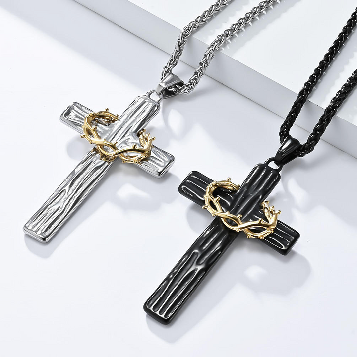 BlessingTree Stainless Steel Cross Necklace with Crown of Thorns