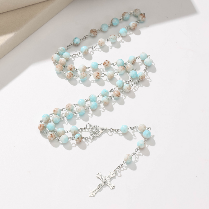 BlessingTree Vintage Blue Glass Bead Rosary Necklace