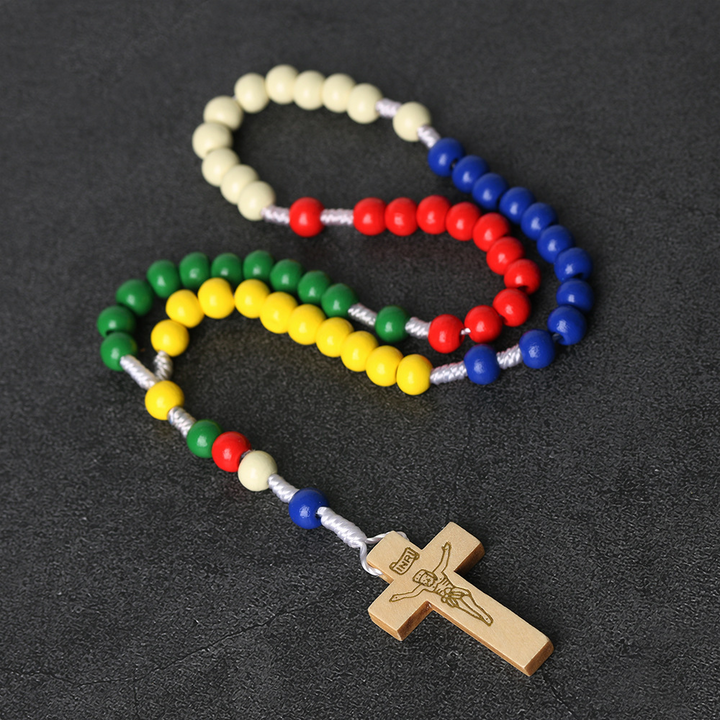 BlessingTree Kids Wooden Rosary, Colorful Wood Beads with Cross for Prayer, First Communion and Baptism Gift