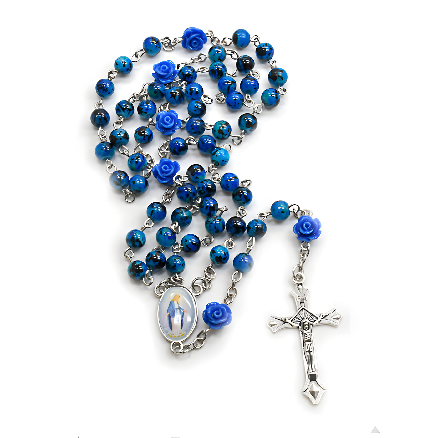 BlessingTree Blue Rose Bead Glass Rosary Necklace with Silver Crucifix and Virgin Mary Centerpiece