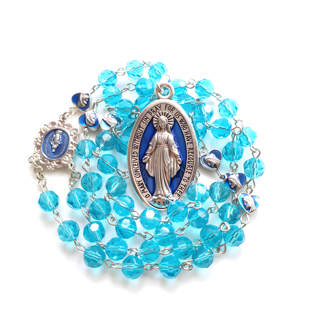 BlessingTree Miraculous Medal Rosary Necklace with 8mm Lake Blue Crystal Beads & Silver Crucifix