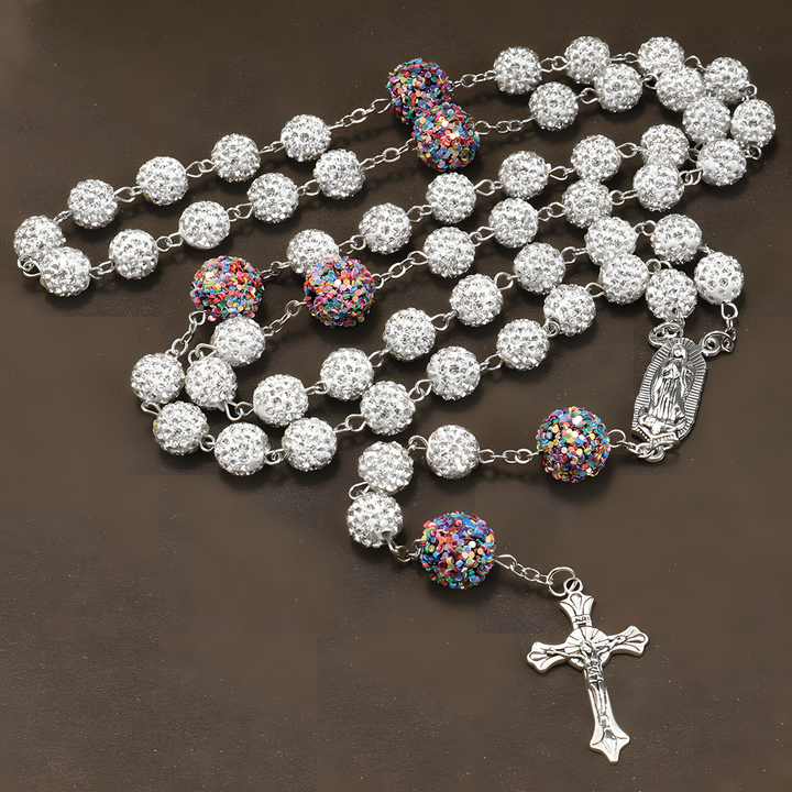 BlessingTree Our Lady of Guadalupe & Crucifix Rosary with 10mm White Rhinestone Beads