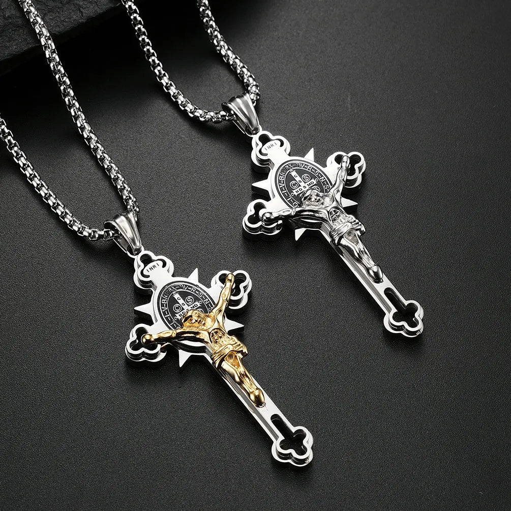 BlessingTree Saint Benedict Cross Pendant Necklace in Polished Titanium Steel with 2.5mm Chain