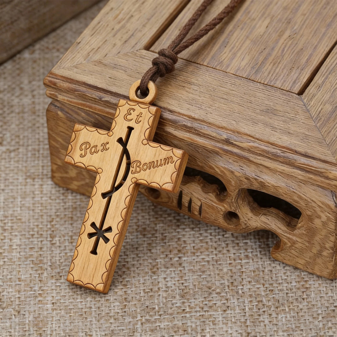 BlessingTree Olive Wood Peace Cross Pendant with Pax Et Bonum Engraving