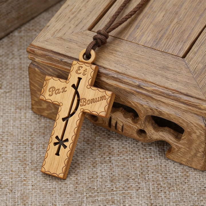 BlessingTree Olive Wood Peace Cross Pendant with Pax Et Bonum Engraving