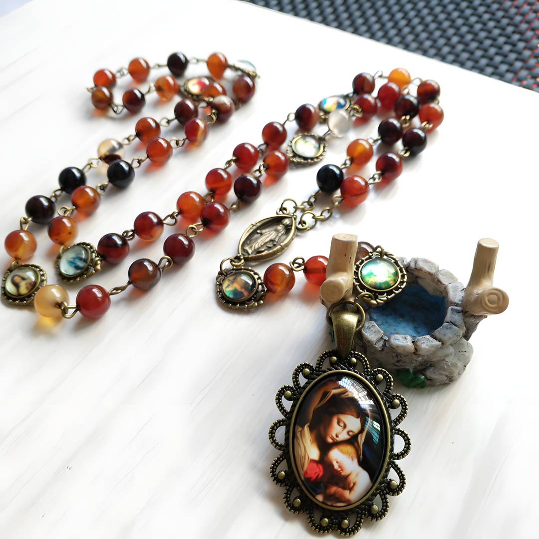 BlessingTree Traditional Five-Decade Rosary Necklace with Red Agate Beads & Virgin Mary Pendant