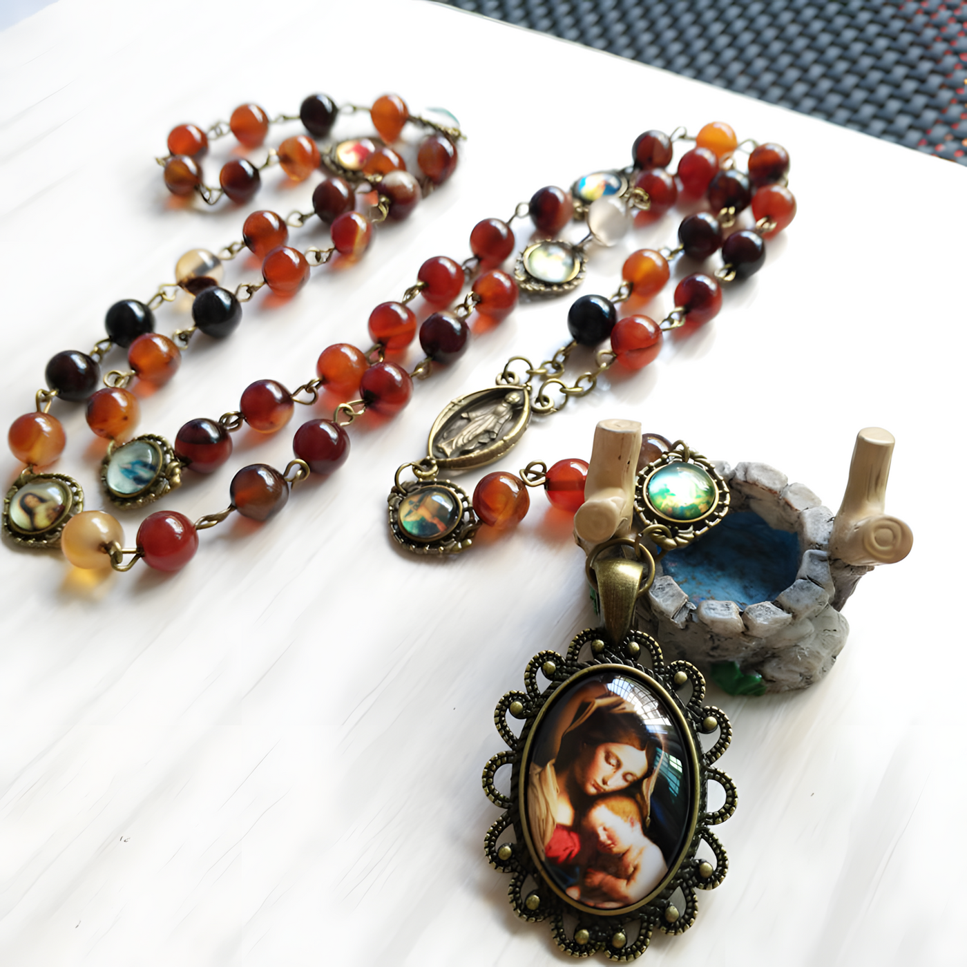 BlessingTree Traditional Five-Decade Rosary Necklace with Red Agate Beads & Virgin Mary Pendant