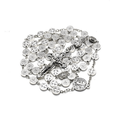 St. Benedict Antique Silver Rosary Necklace – 10mm Alloy Beads Catholic Crucifix Prayer Beads
