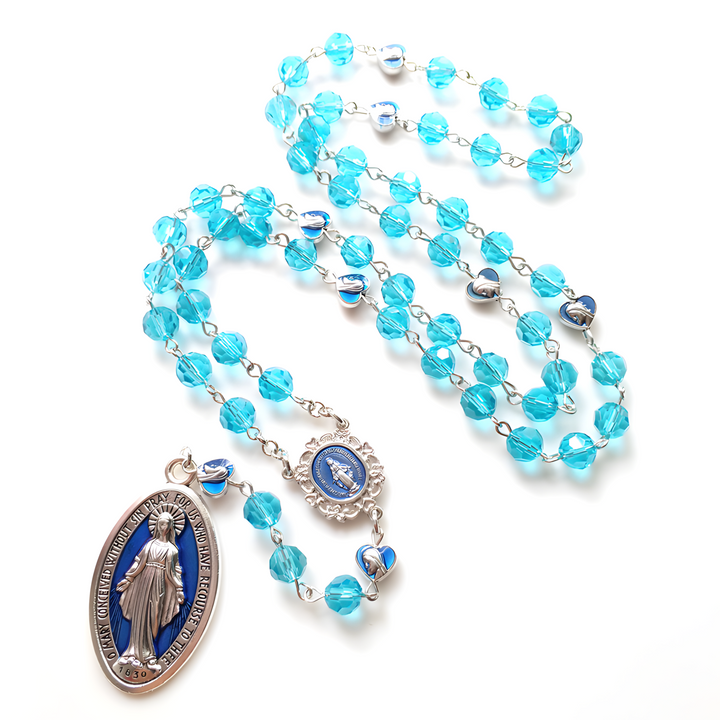 BlessingTree Miraculous Medal Rosary Necklace with 8mm Lake Blue Crystal Beads & Silver Crucifix