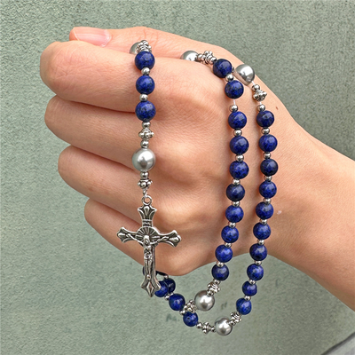 BlessingTree Midnight Blue Stone Rosary Necklace with Silver Crucifix