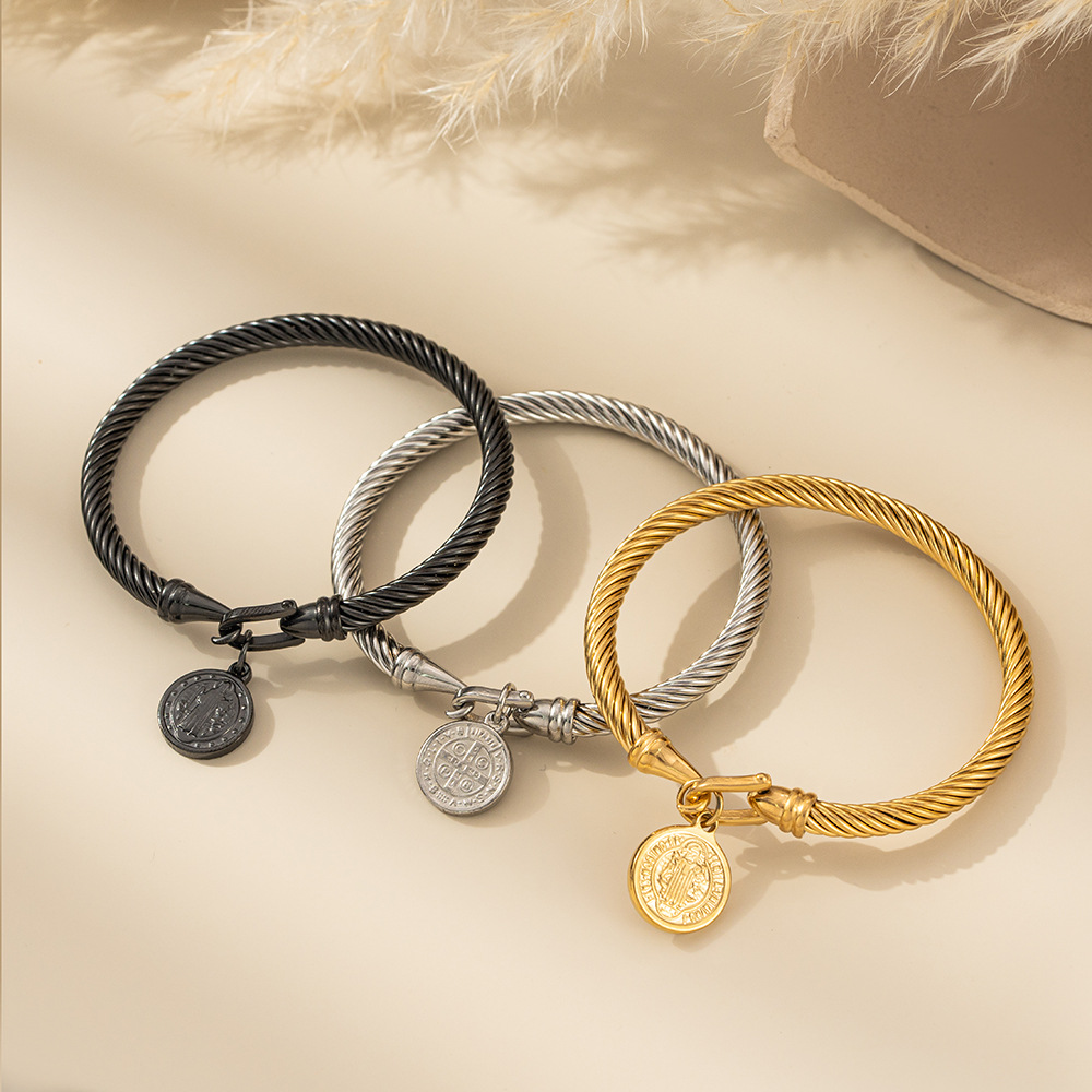 BlessingTree Stainless Steel Cable Bracelet with Saint Benedict Medal