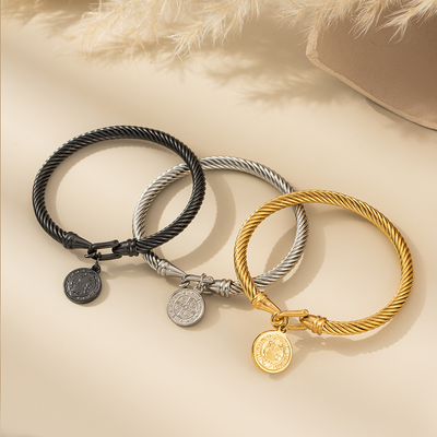 BlessingTree Stainless Steel Cable Bracelet with Saint Benedict Medal