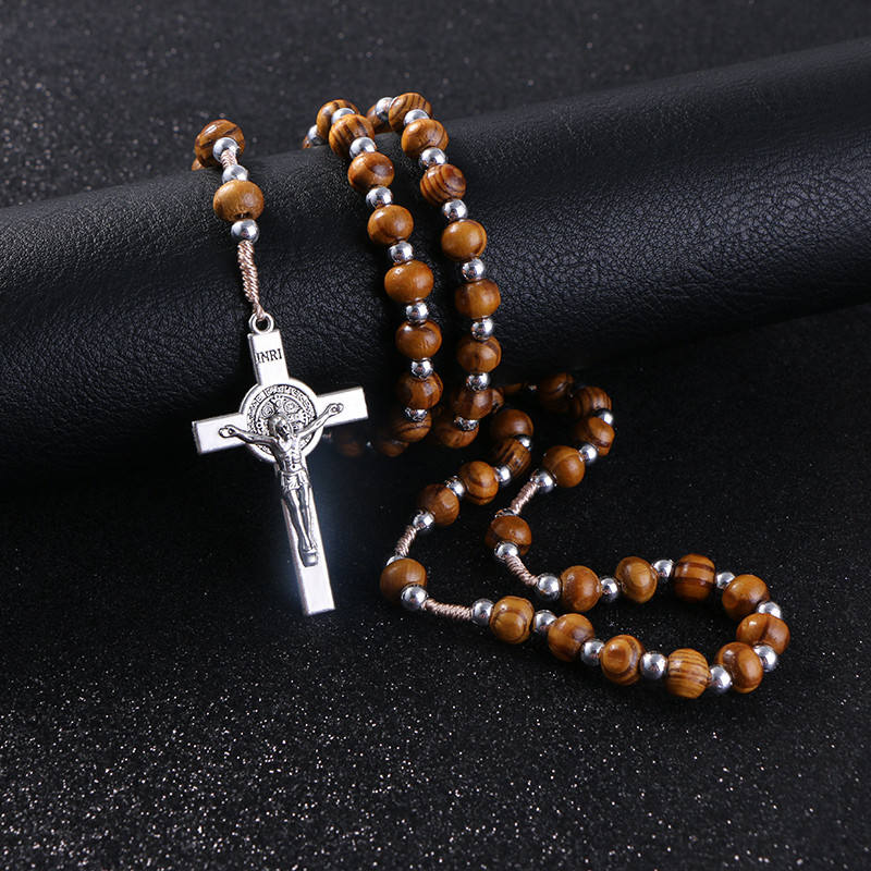 BlessingTree Natural Wood Bead Rosary with St. Benedict Crucifix