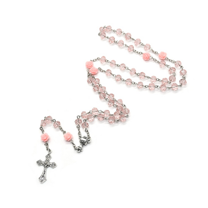 BlessingTree Pink Rose Glass Bead Rosary Necklace