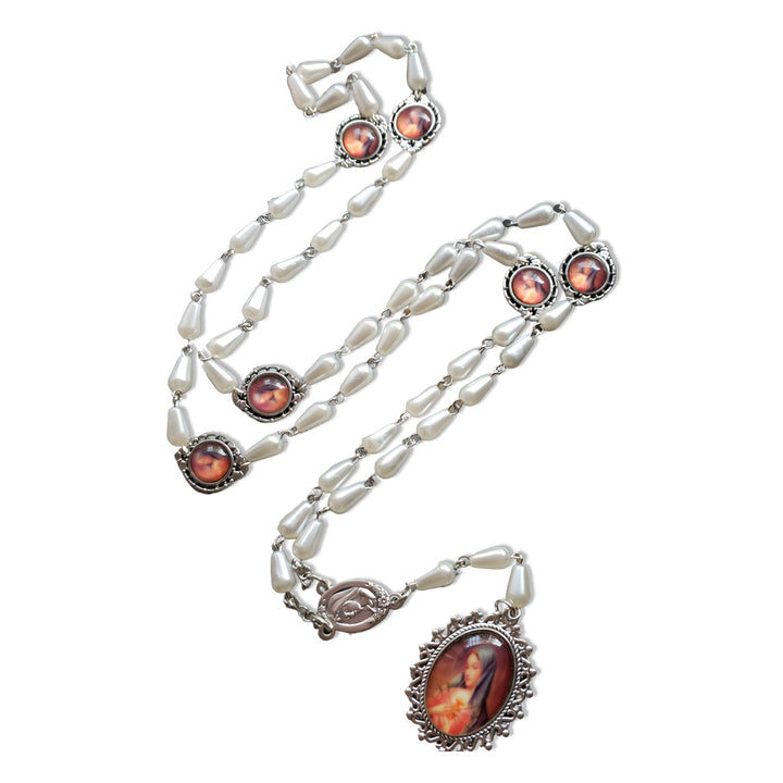 BlessingTree Our Lady of Guadalupe & Crucifix of 5×10 mm Drop-shaped White Acrylic Glass Rosary Necklace