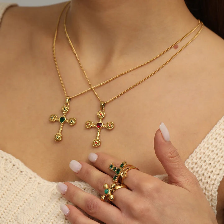 BlessingTree Gold Cross Necklace with Green or Red Heart Stone Christian Stainless Steel Pendant