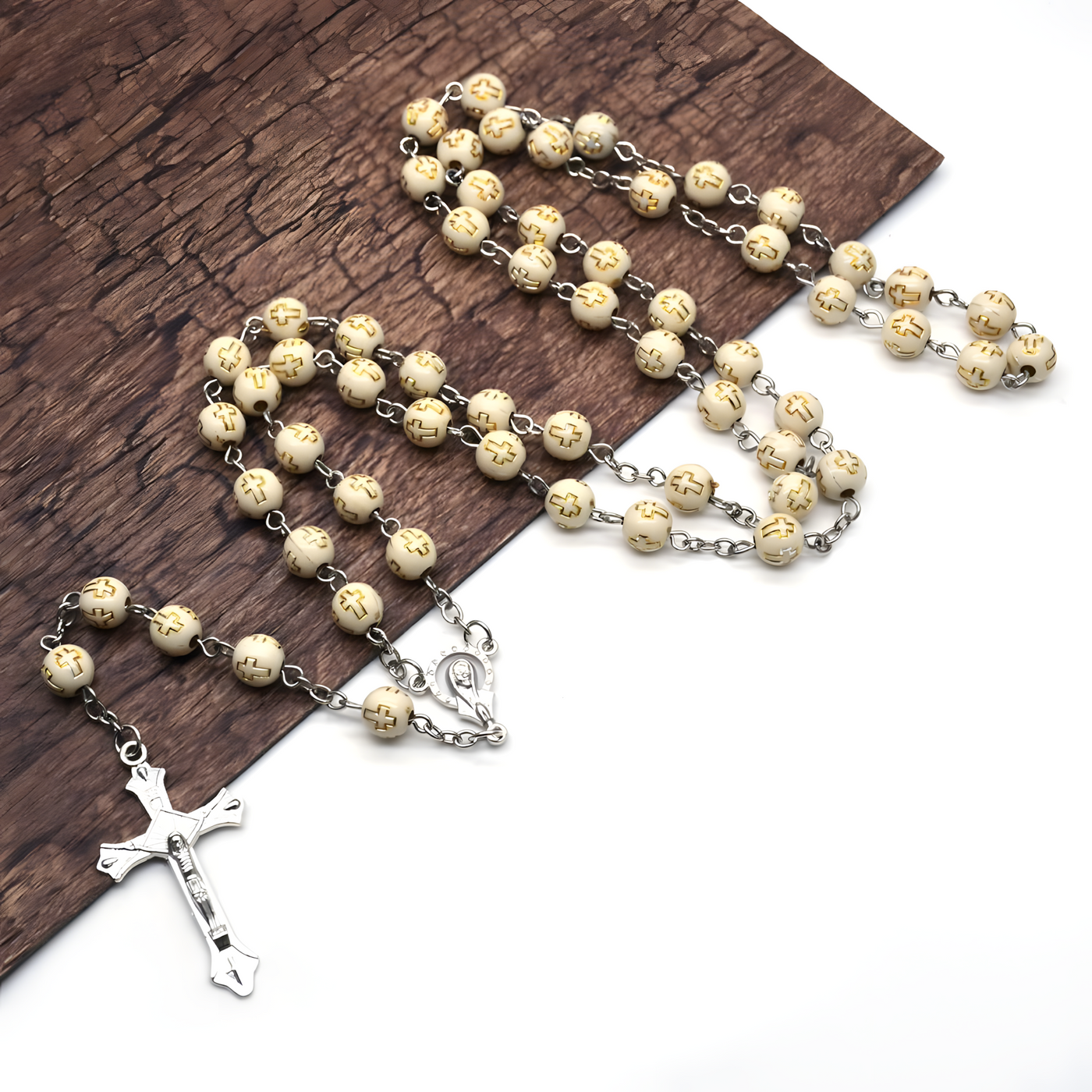 BlessingTree Cream White Cross Rosary Necklace — Elegant Prayer Beads with Silver Crucifix
