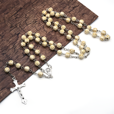 BlessingTree Cream White Cross Rosary Necklace — Elegant Prayer Beads with Silver Crucifix