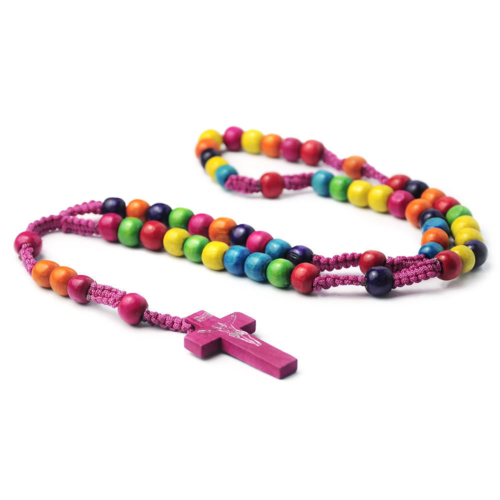 BlessingTree Kids Colorful Wooden Rosary Hand Woven Cord 8mm Beads with Cross Pendant