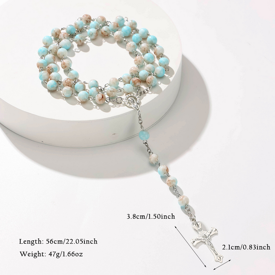 BlessingTree Vintage Blue Glass Bead Rosary Necklace