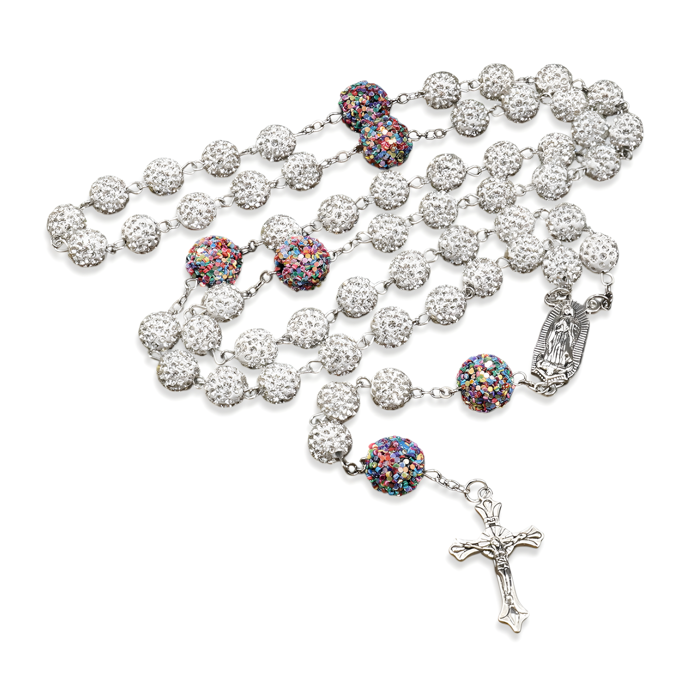 BlessingTree Our Lady of Guadalupe & Crucifix Rosary with 10mm White Rhinestone Beads