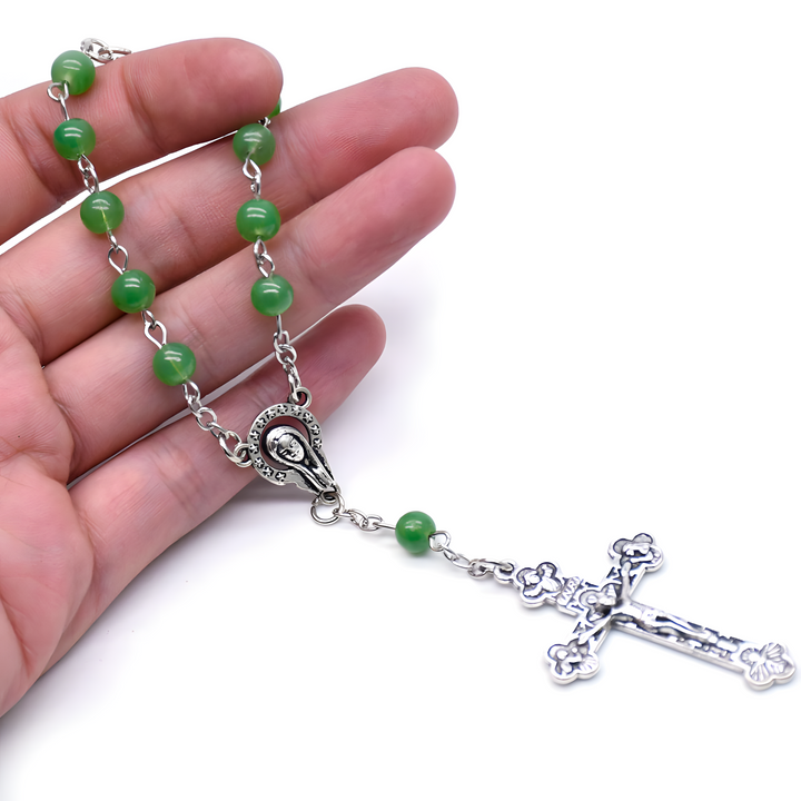 BlessingTree Pocket Rosary Bracelet – 6 mm Green Alloy Beads with Silver Crucifix
